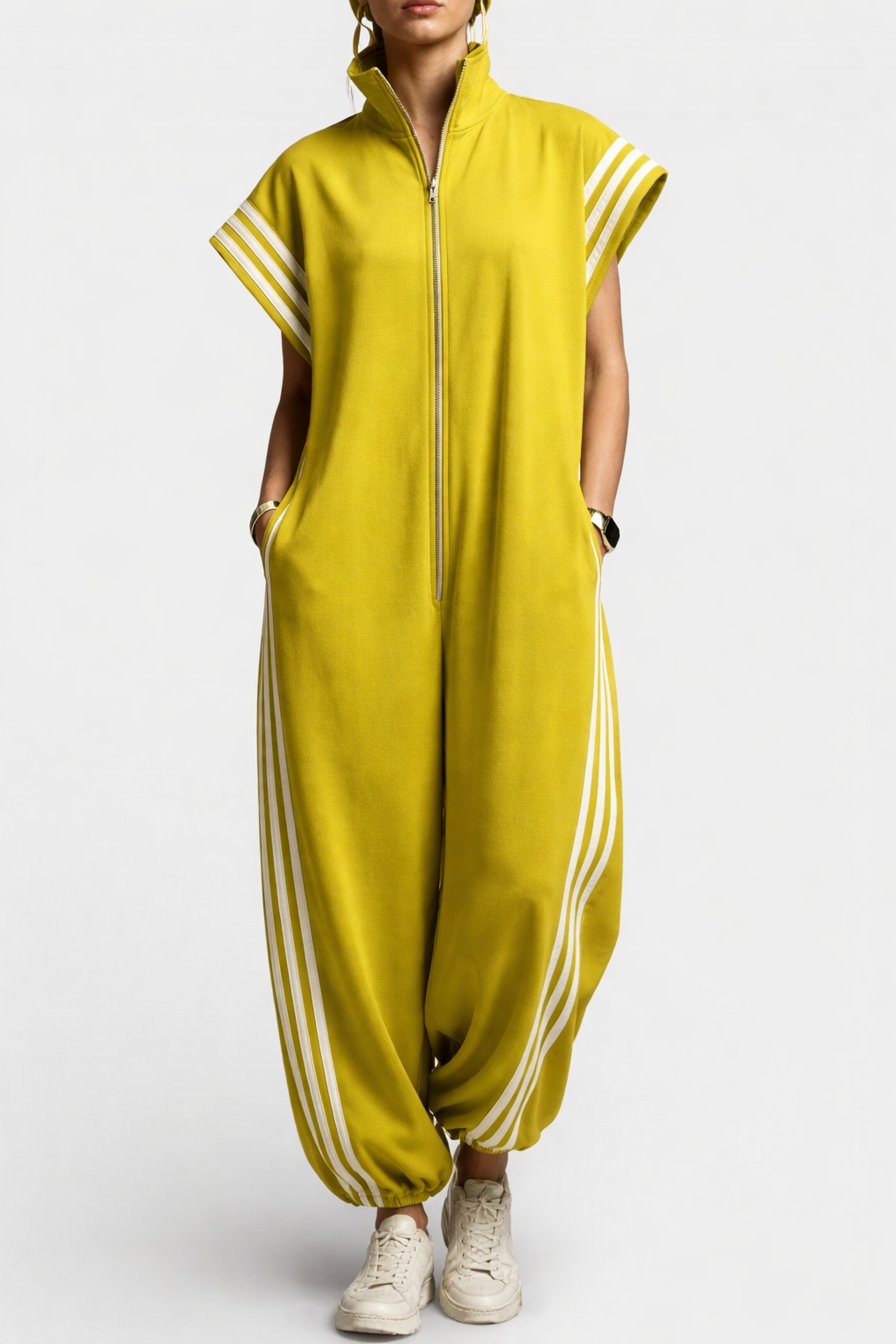 Sleeveless zip neck jumpsuit — full-length view on model