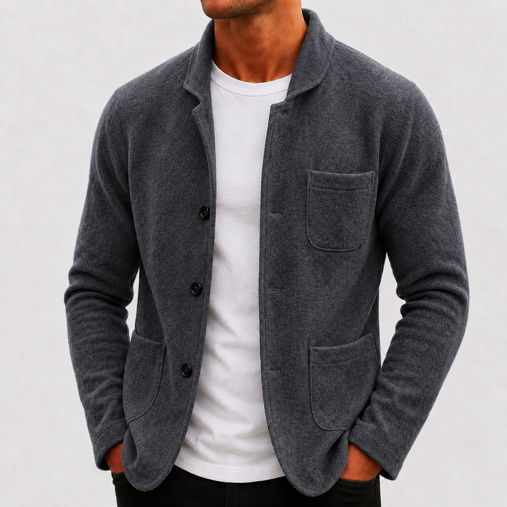 Men's knit cardigan in gray, full-length shot