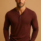 Henley worn with jeans, showing the slim fit through the body