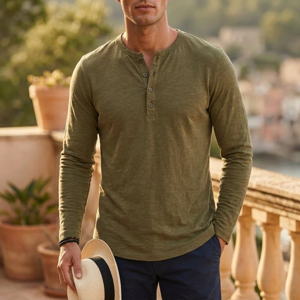 Men's henley shirt in red, front view