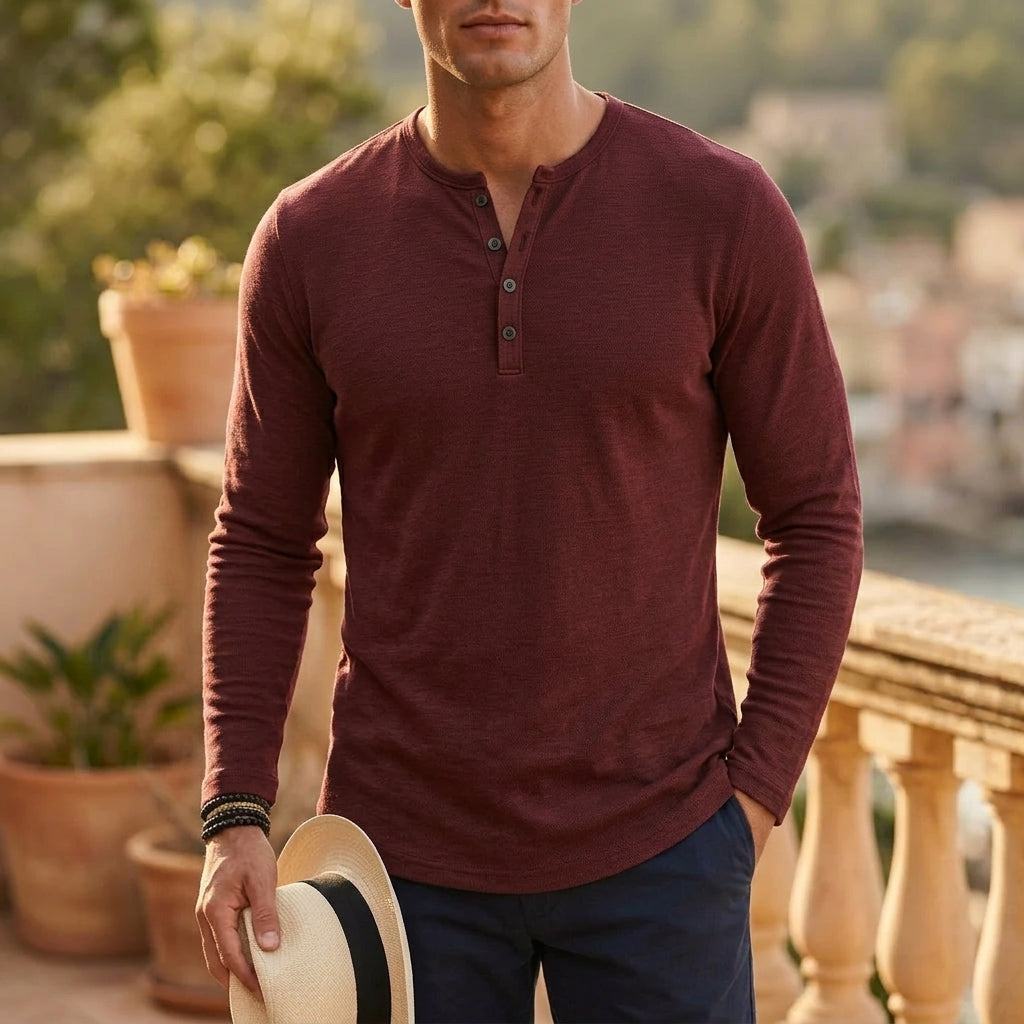Men's henley shirt in off-white, front view