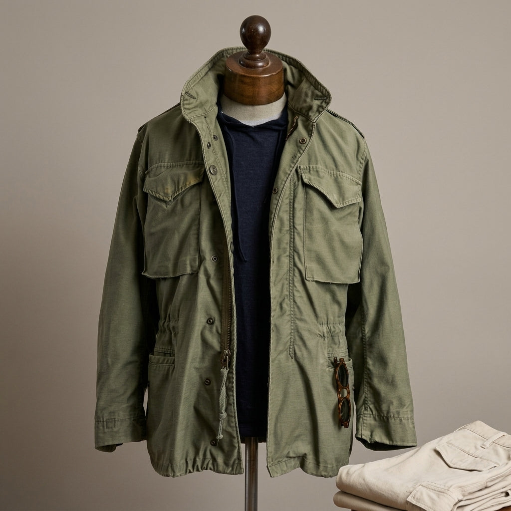 Detail of the men's field jacket fabric and utility pocket styling