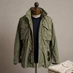Detail of the men's field jacket fabric and utility pocket styling