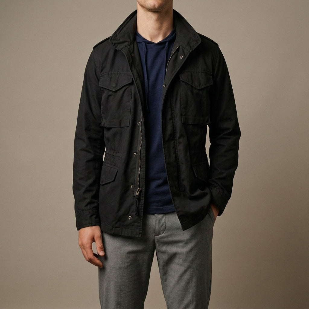 Men's field jacket in black, full length front view