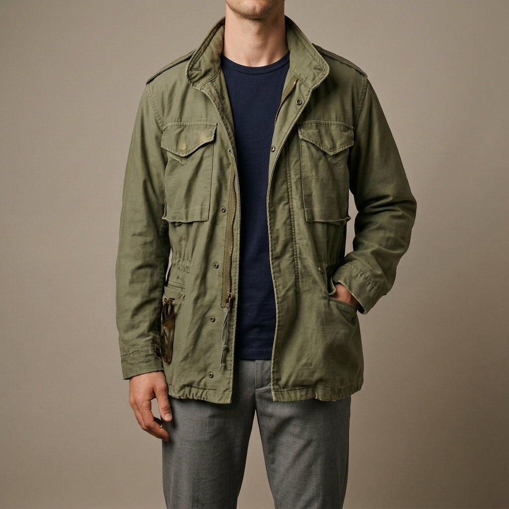 Men's field jacket in green, front view worn open over a knit