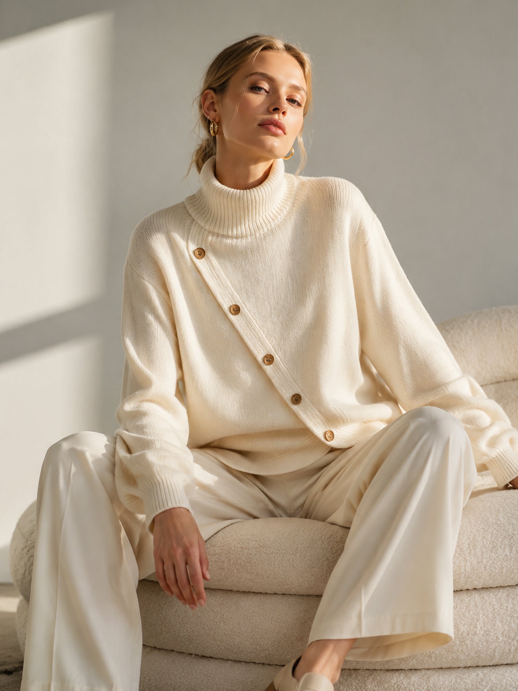 Close-up of the diagonal wooden button placket on the ivory sweater
