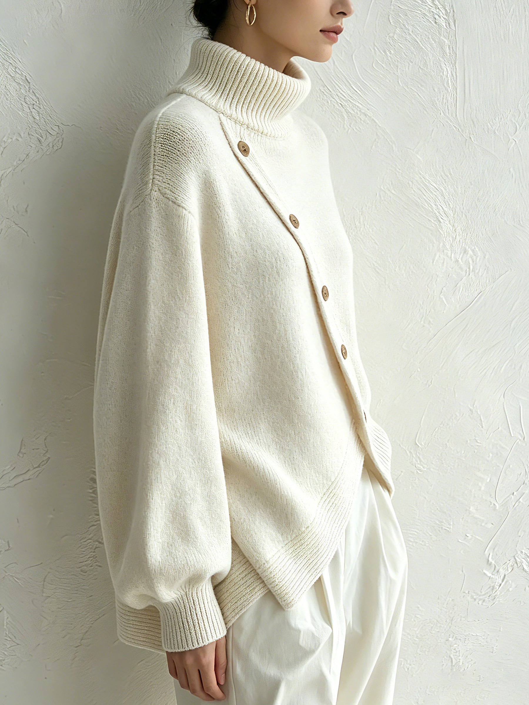 Ivory turtleneck sweater showing the dropped shoulders and wide sleeves