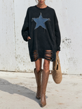 Distressed sweatshirt dress for women in washed black, front view with star patch