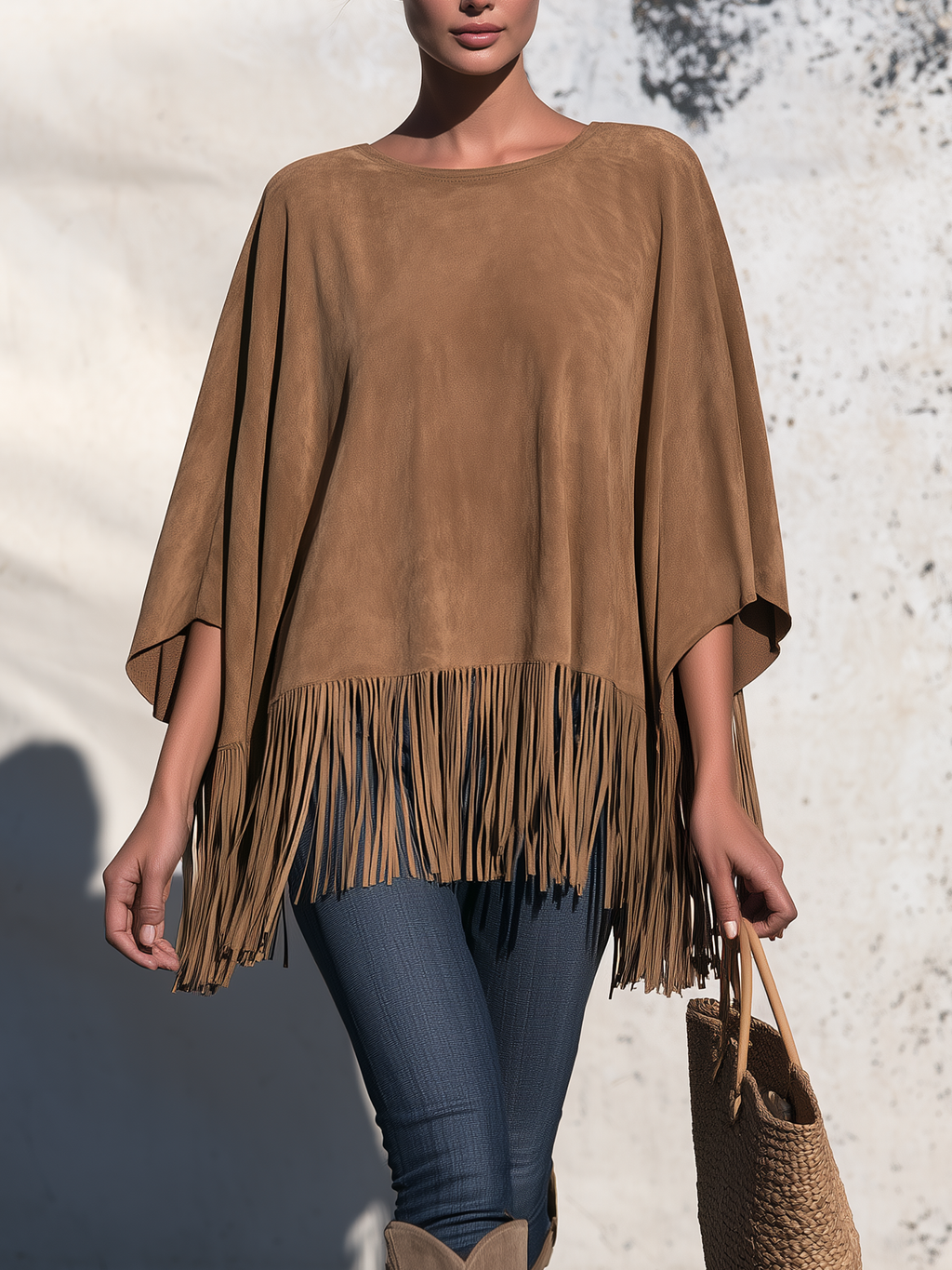 Faux suede fringe poncho in tan, front view on model