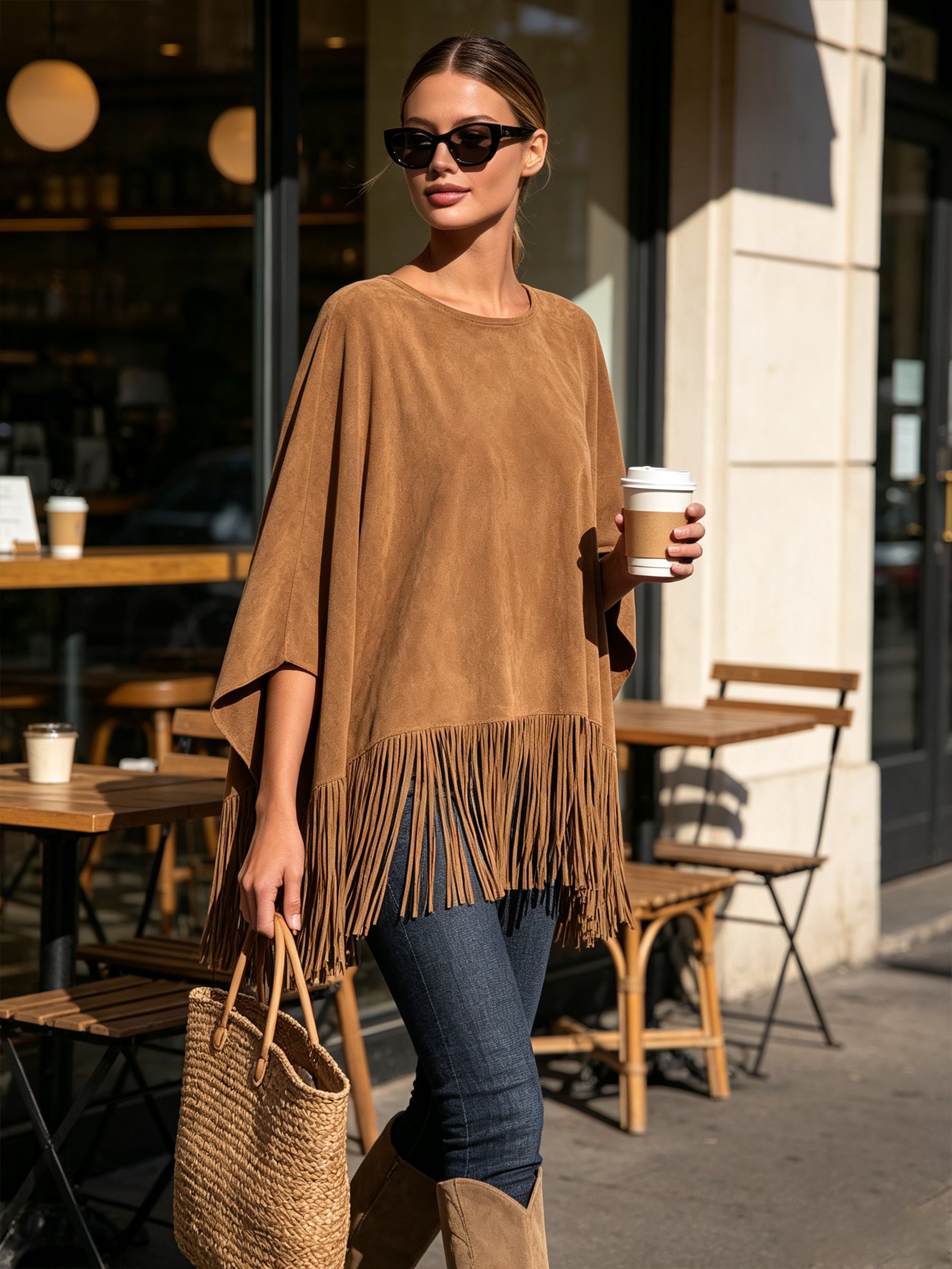 Faux suede fringe poncho in tan, showing the wide open sleeves