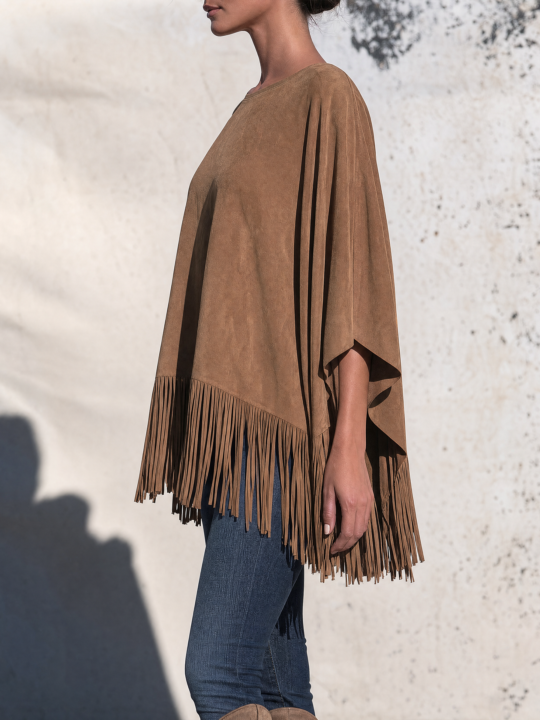 Tan fringe poncho styled loose over jeans, side view