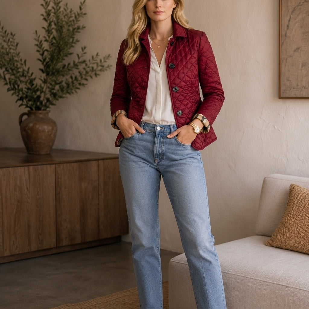 Dark red quilted coat for women worn with jeans