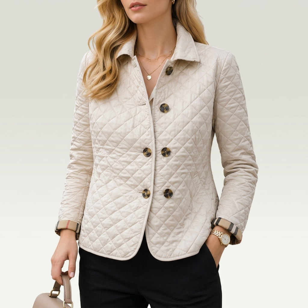 Quilted coat for women in cream, front view