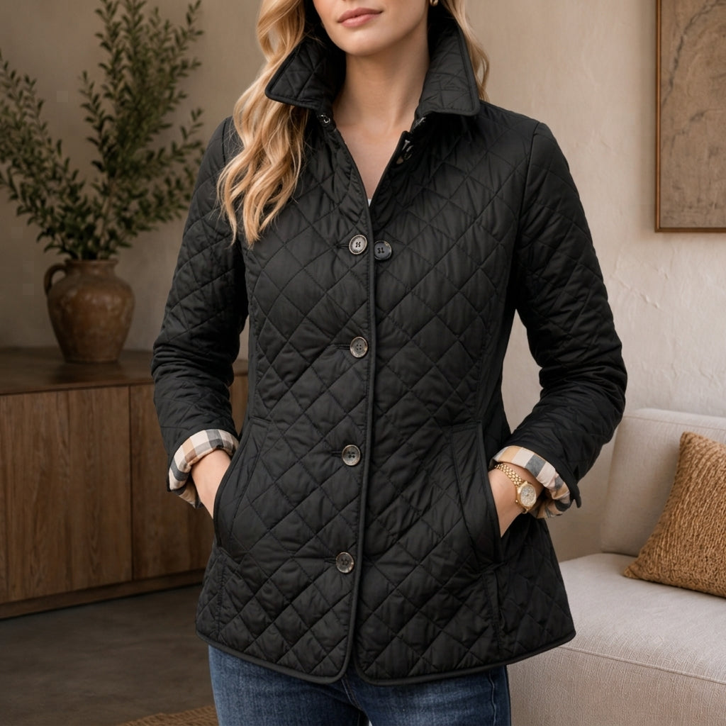 Black quilted coat for women worn over a sweater