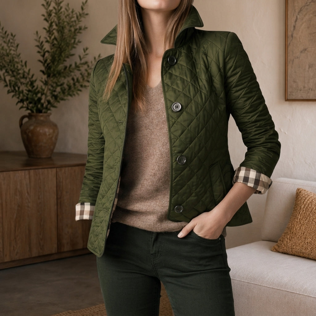 Green quilted coat for women, back view