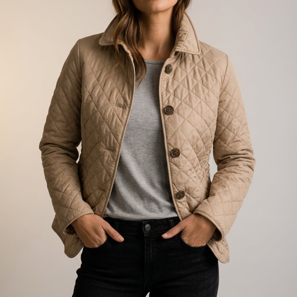 Beige womens quilted coat showing the regular fit through the body