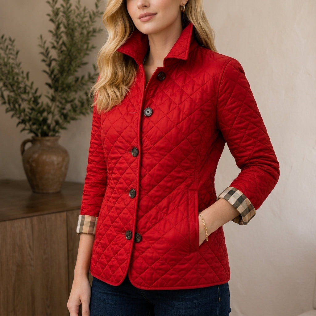 Red quilted mid-season coat for women, full length