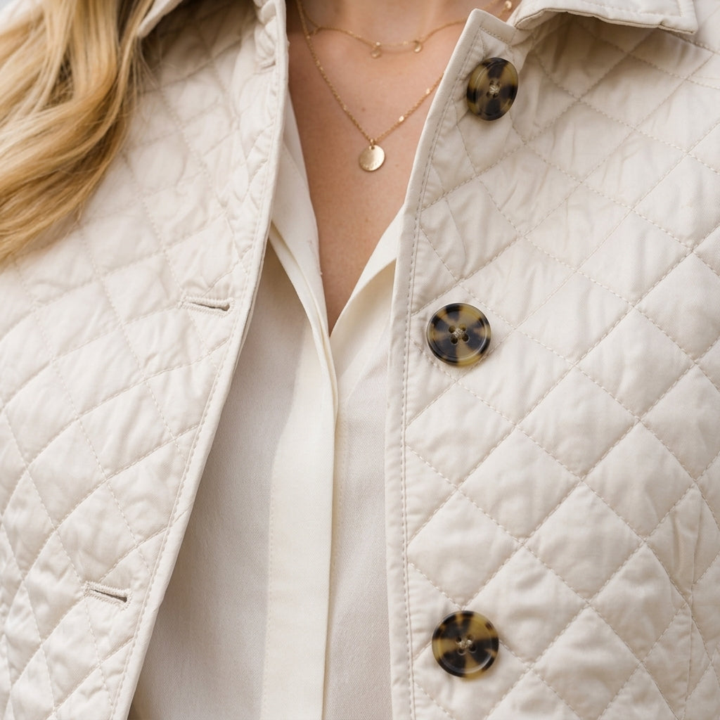 Close up of the quilted fabric on a womens mid-season coat