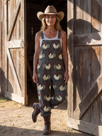 Strap jumpsuit shown from the side with the straight-leg hem