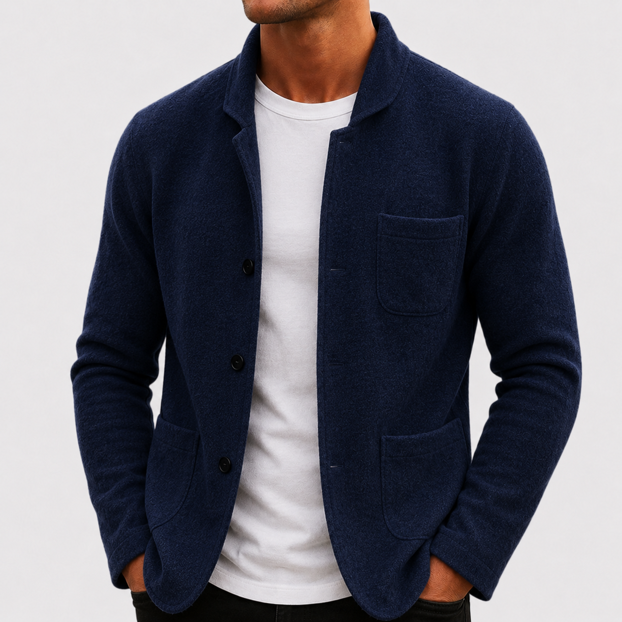Men's knit cardigan in blue, front view