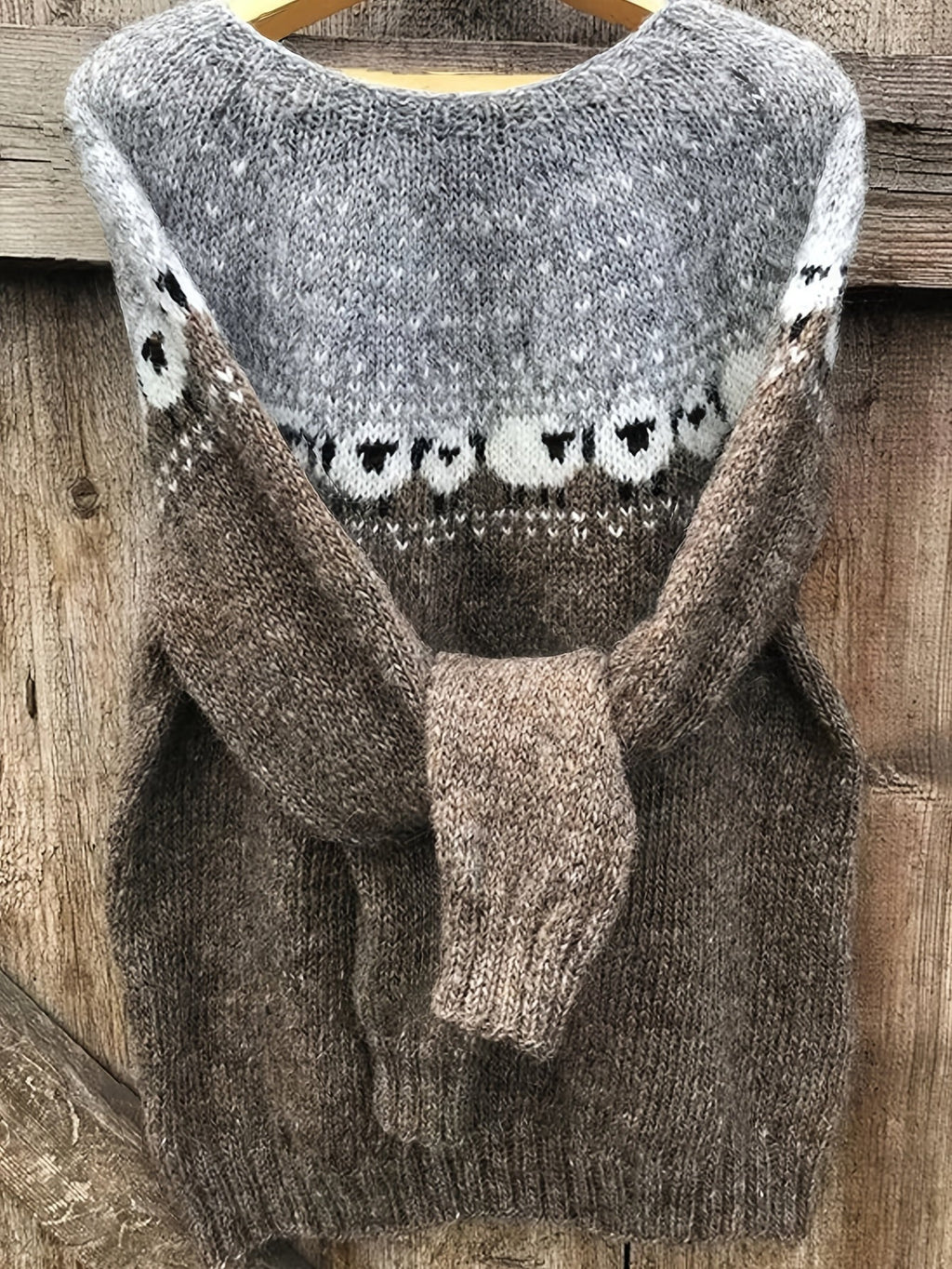 Women's gray sheep jacquard sweater worn front on