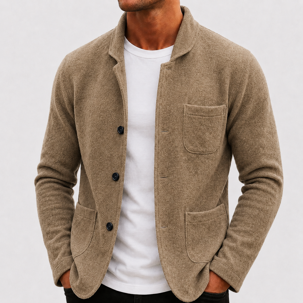 Men's knit cardigan in beige, three-quarter view