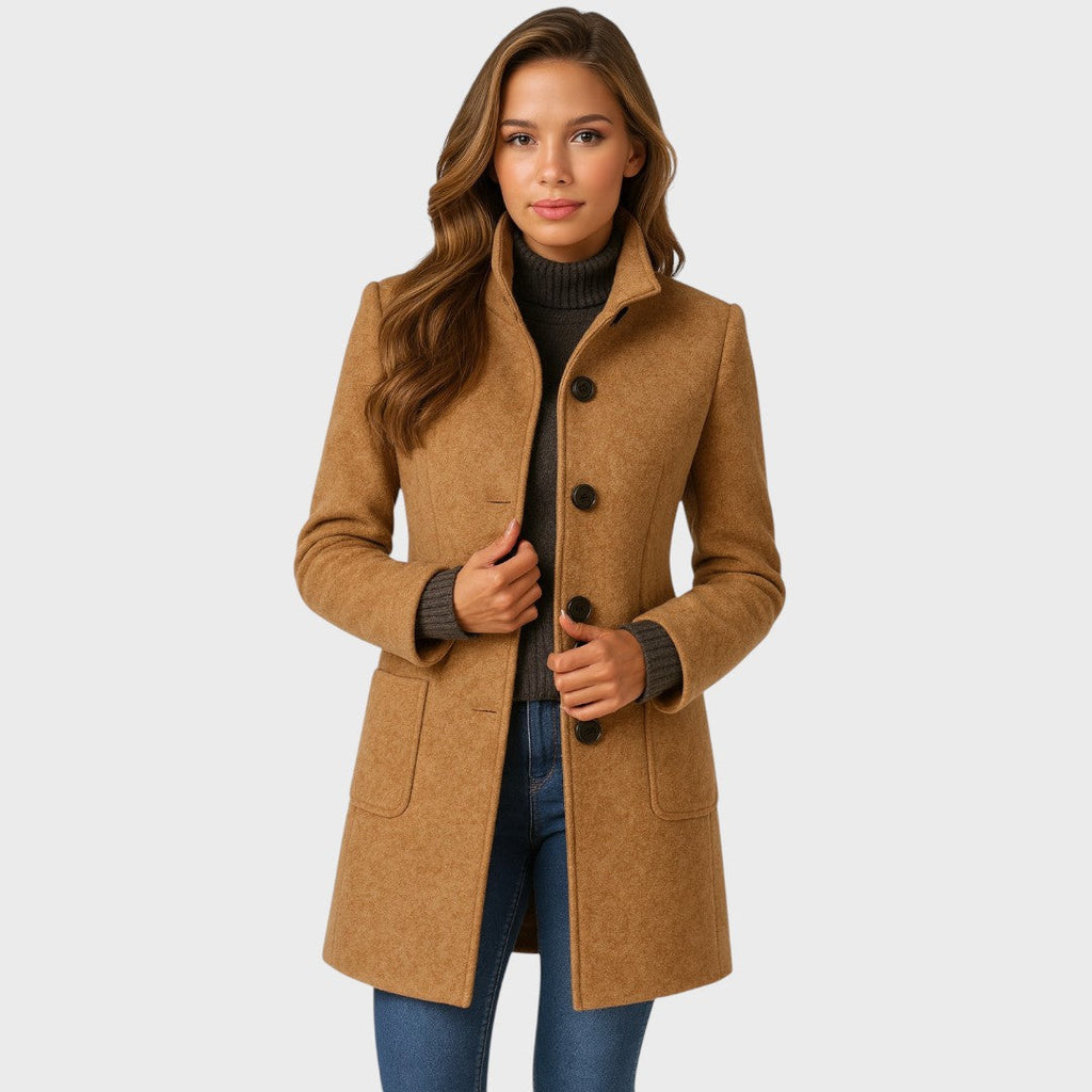 Tailored long coat for women, full length front view with funnel neck buttoned