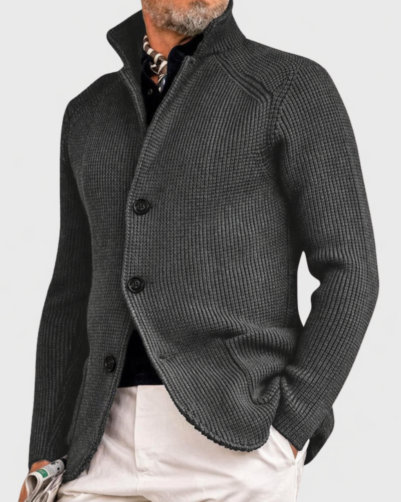 Men's winter coat worn open over a sweater, three-quarter view
