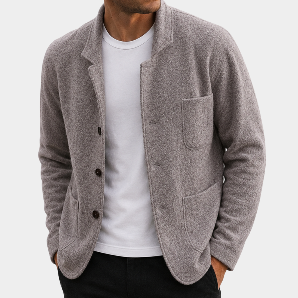 Men's slim fit cardigan sweater worn open, front view on model