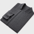 Cardigan worn closed over a tee, showing the slim fit