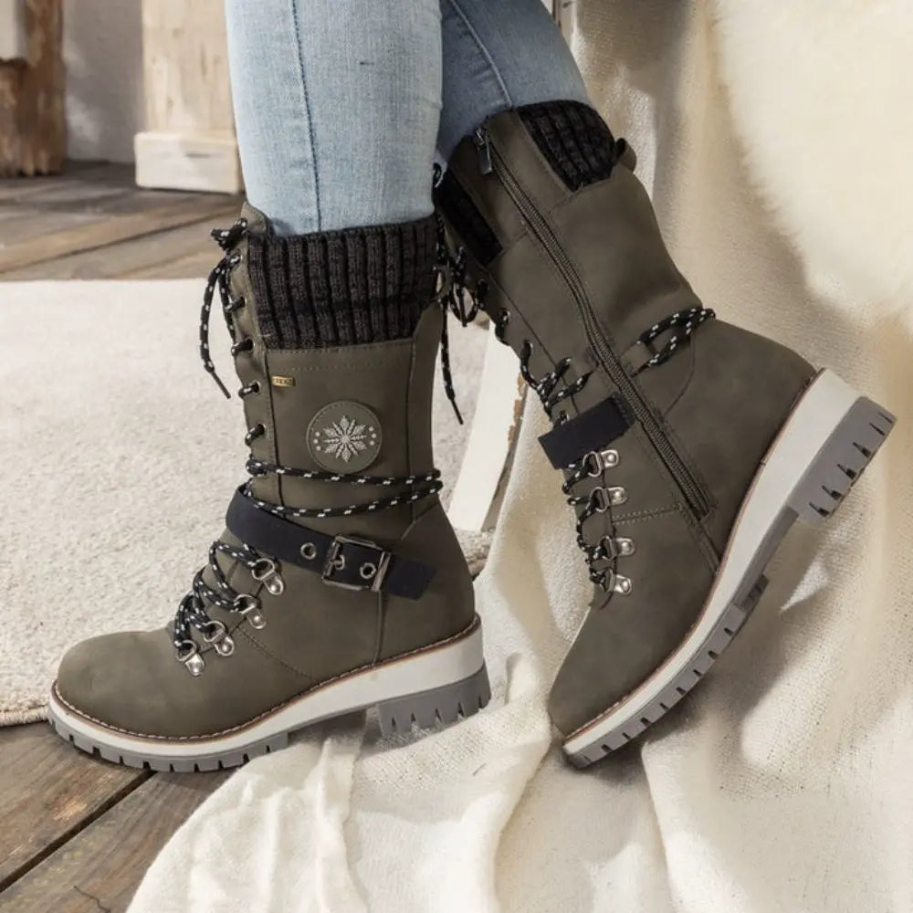 Orthopedic snow boots for women in brown, three-quarter view