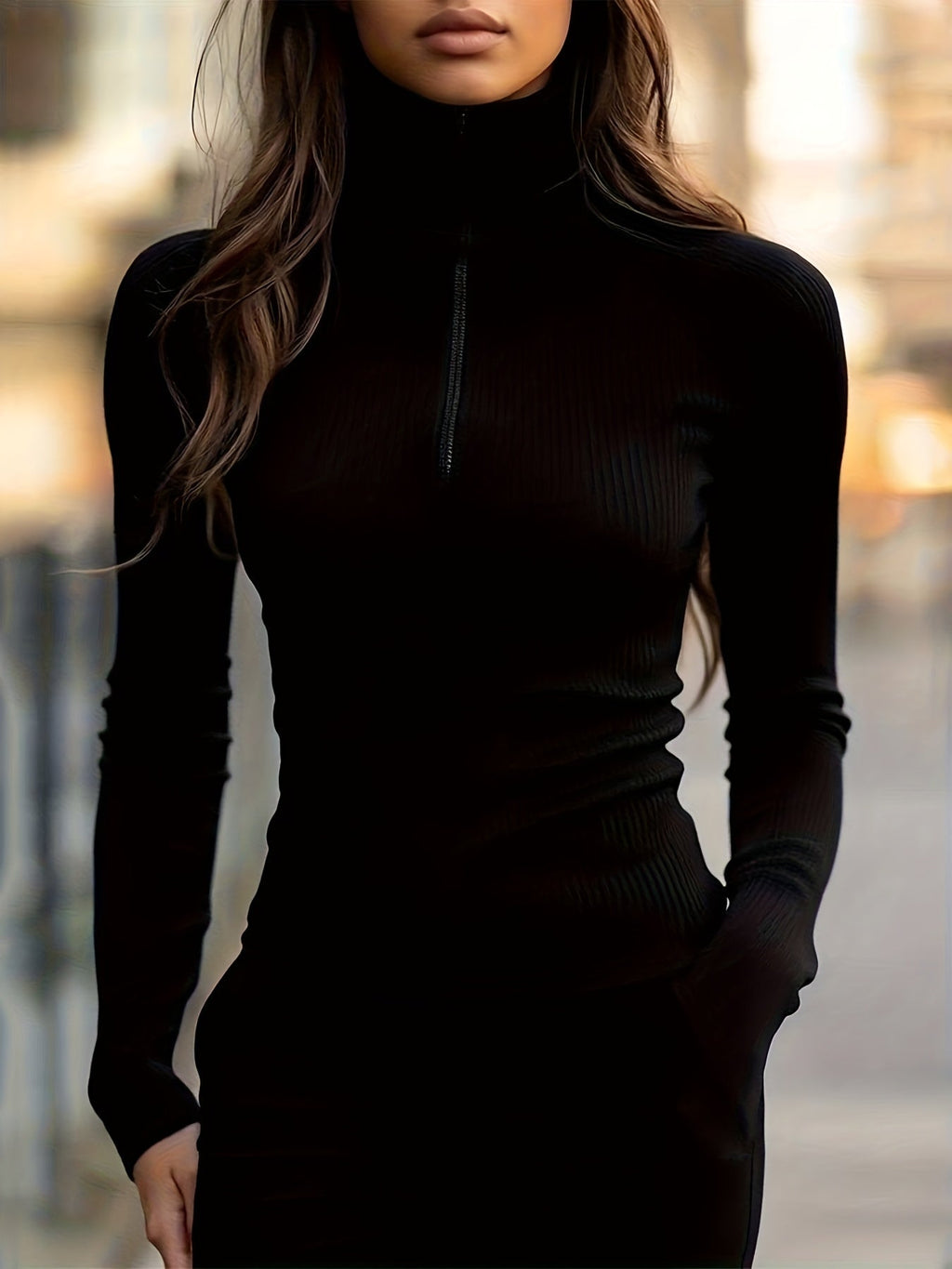 Ribbed turtleneck top layered under a coat as a base layer