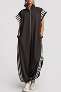 Sleeveless zip neck jumpsuit — close-up of the fabric and stitching