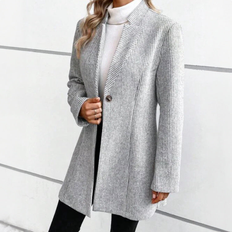 Gray longline coat for women showing notch lapels and single button closure
