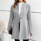 Gray jacquard knit longline coat for women, full length front view
