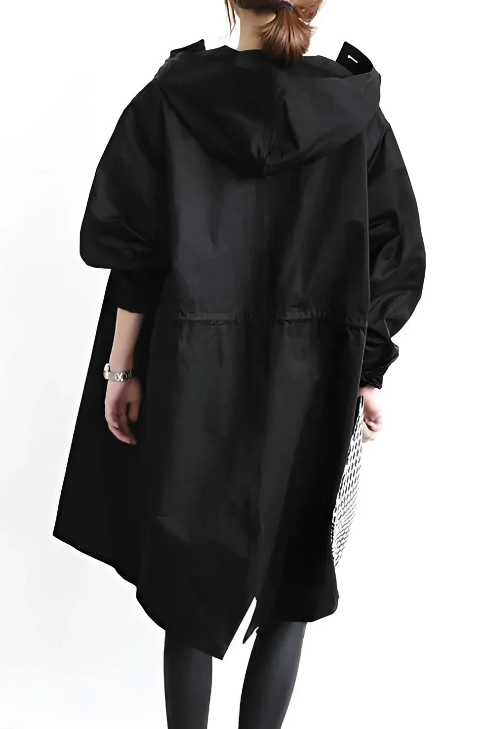 Elastic cuff detail at the sleeve of the hooded raincoat