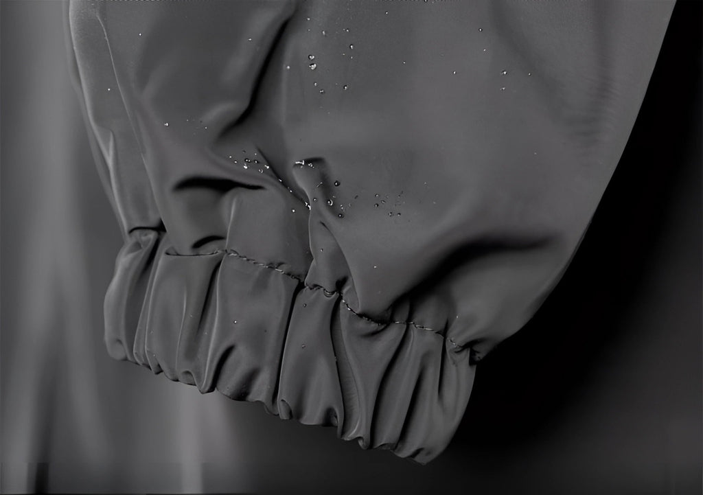 Waterproof cotton blend fabric close up on the women's raincoat