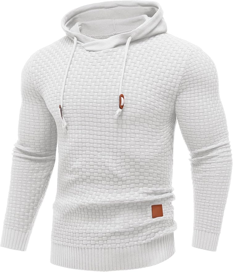 Men's tactical hoodie worn with the hood up outdoors