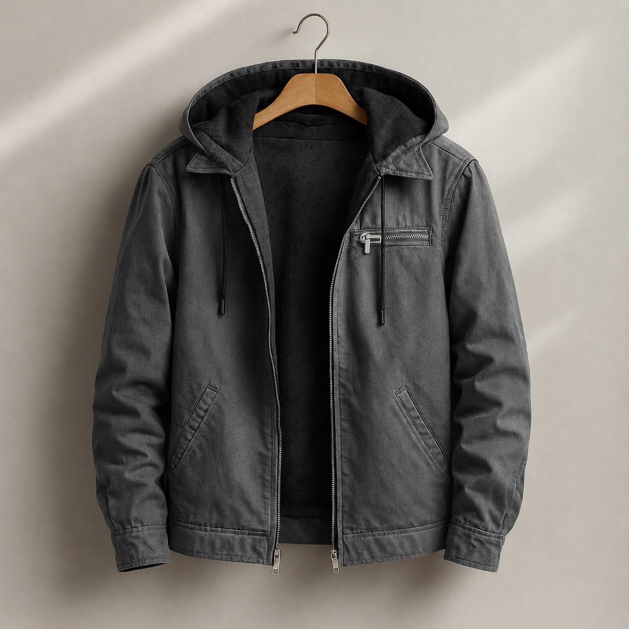 Close-up of the sherpa pile lining inside the canvas jacket