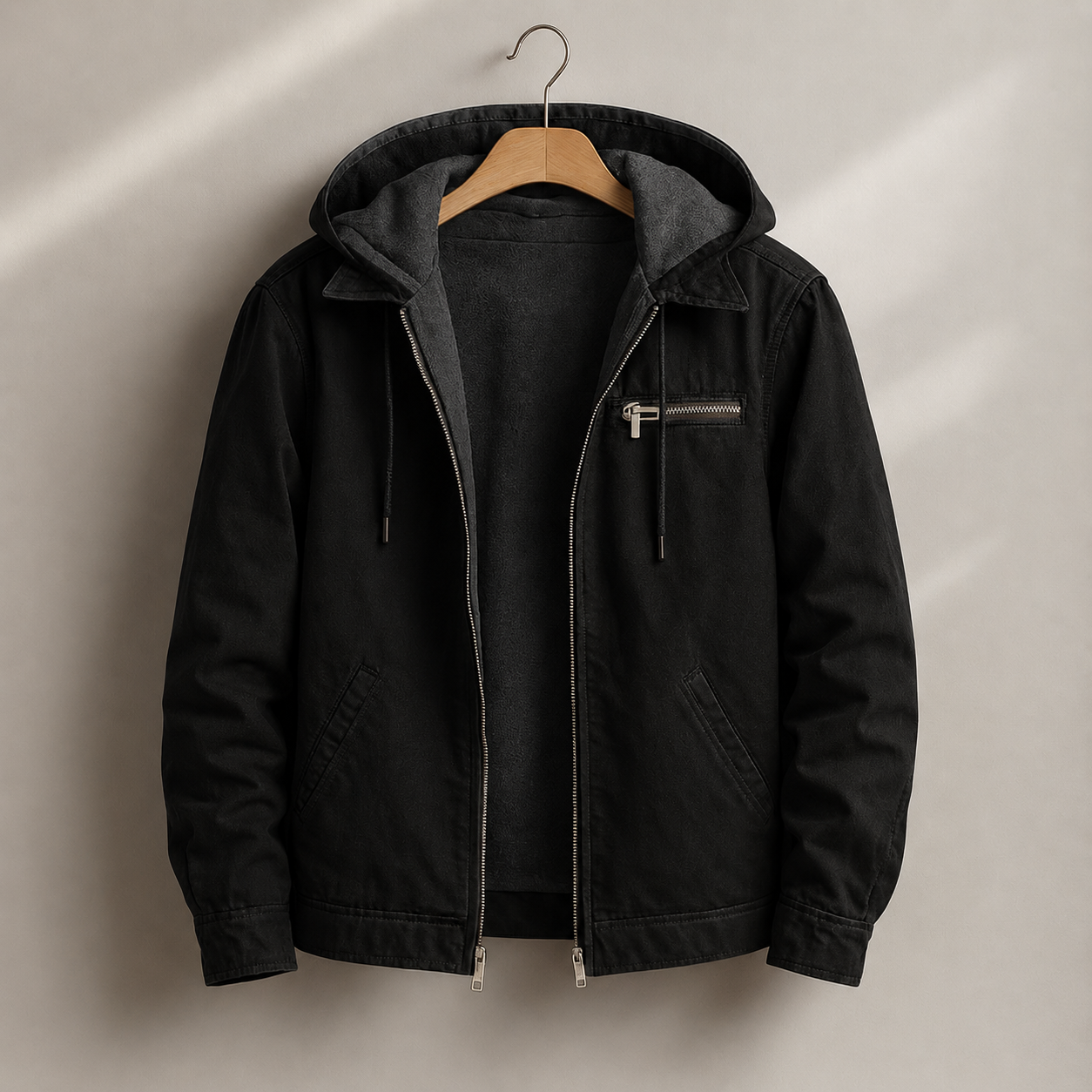 Sherpa lined jacket with the hood up, three-quarter view