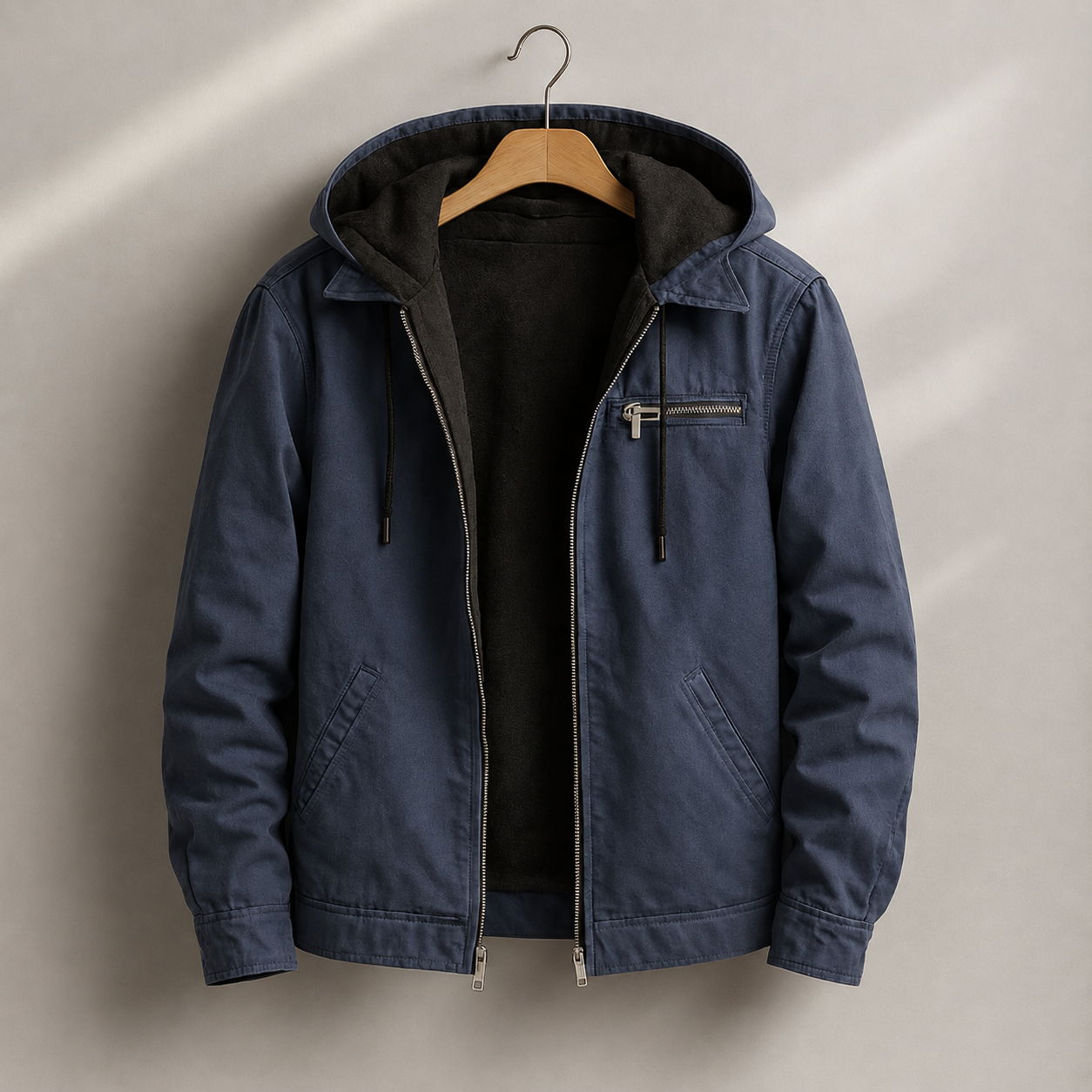 Hooded work jacket worn outdoors over a flannel shirt