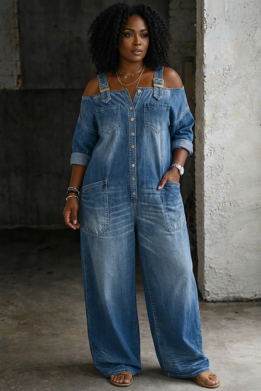 Off shoulder denim jumpsuit for women, front view of the shirt-style one piece