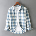 Men's long sleeve plaid shirt worn front-on