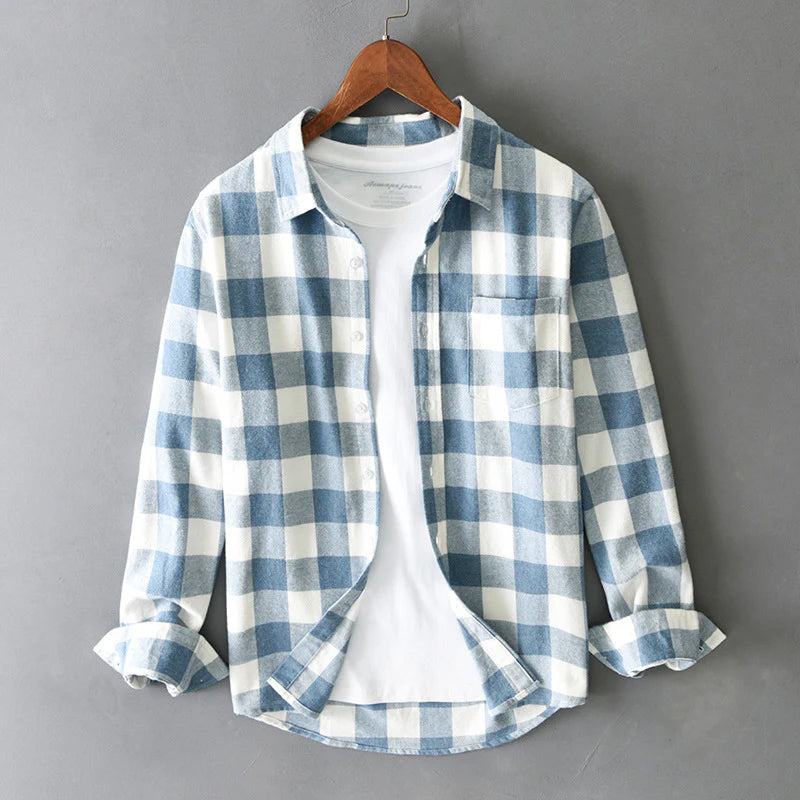 Men's long sleeve plaid shirt worn front-on
