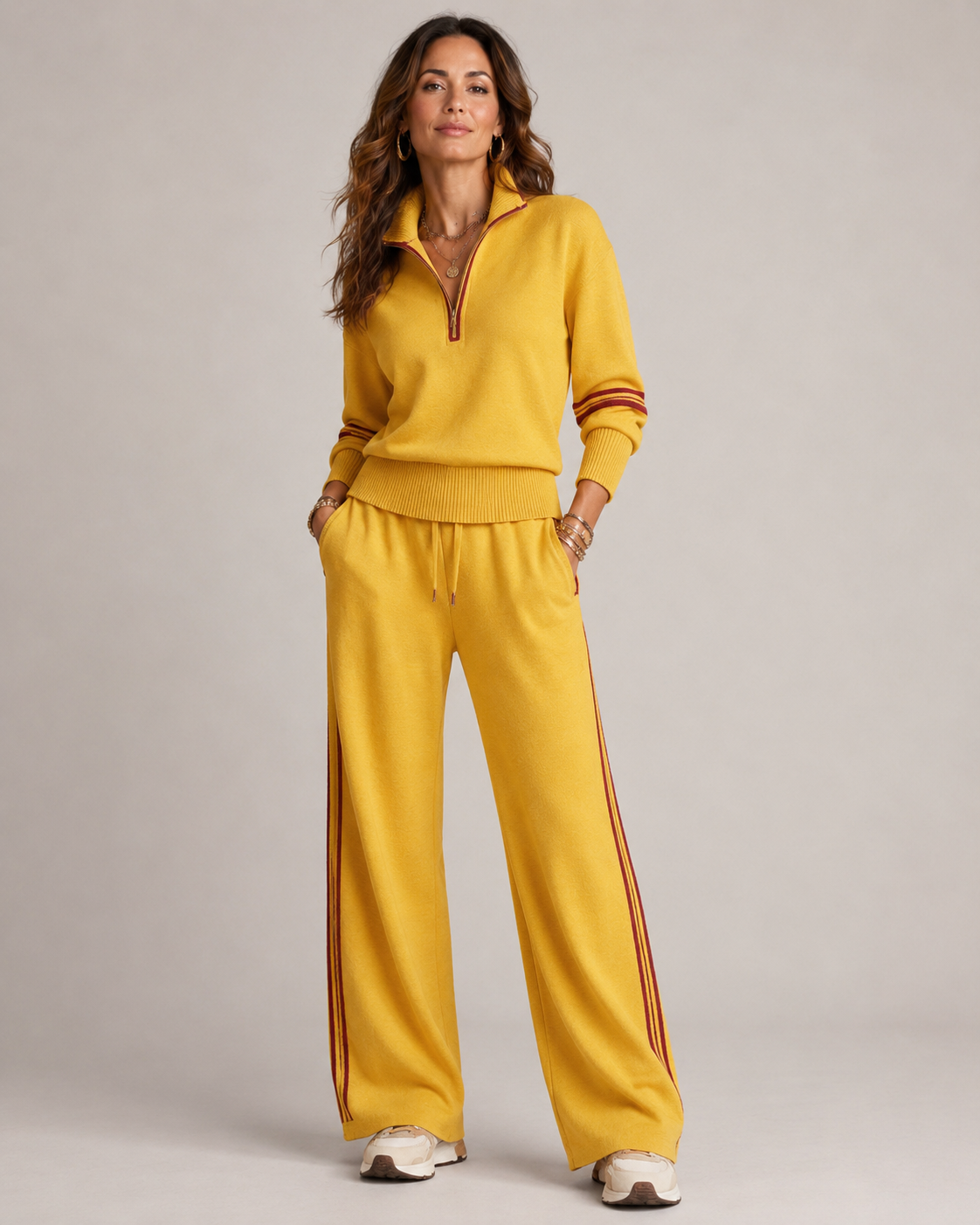 Knit matching set for women, wide leg trousers with side piping