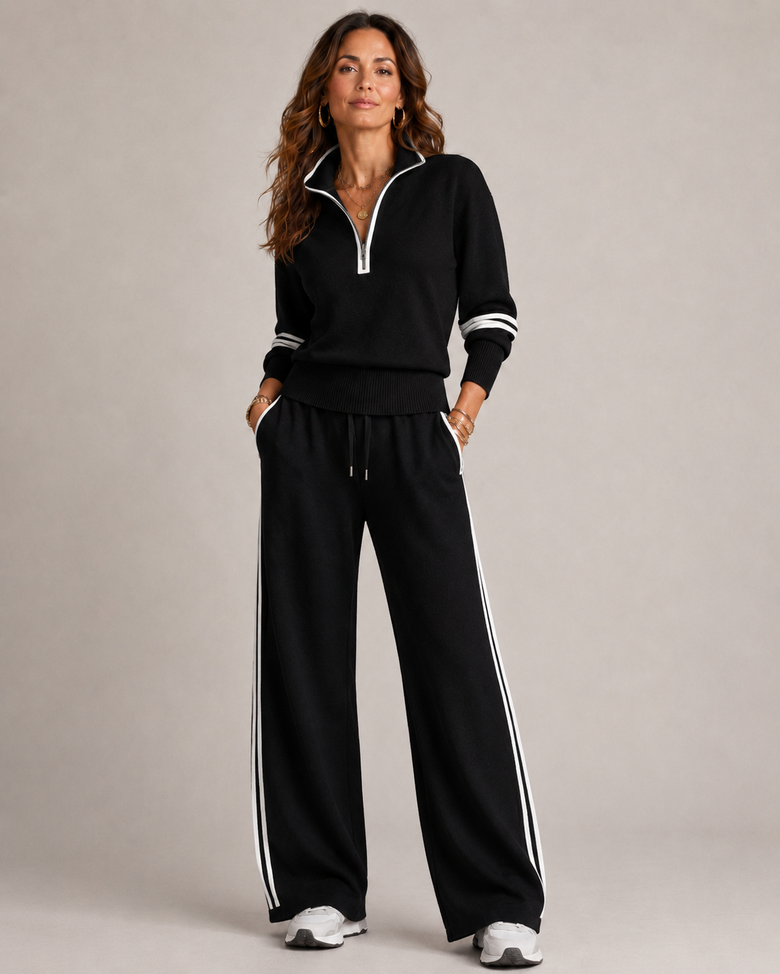 Knit matching set for women, back view showing the ribbed hem and cuffs
