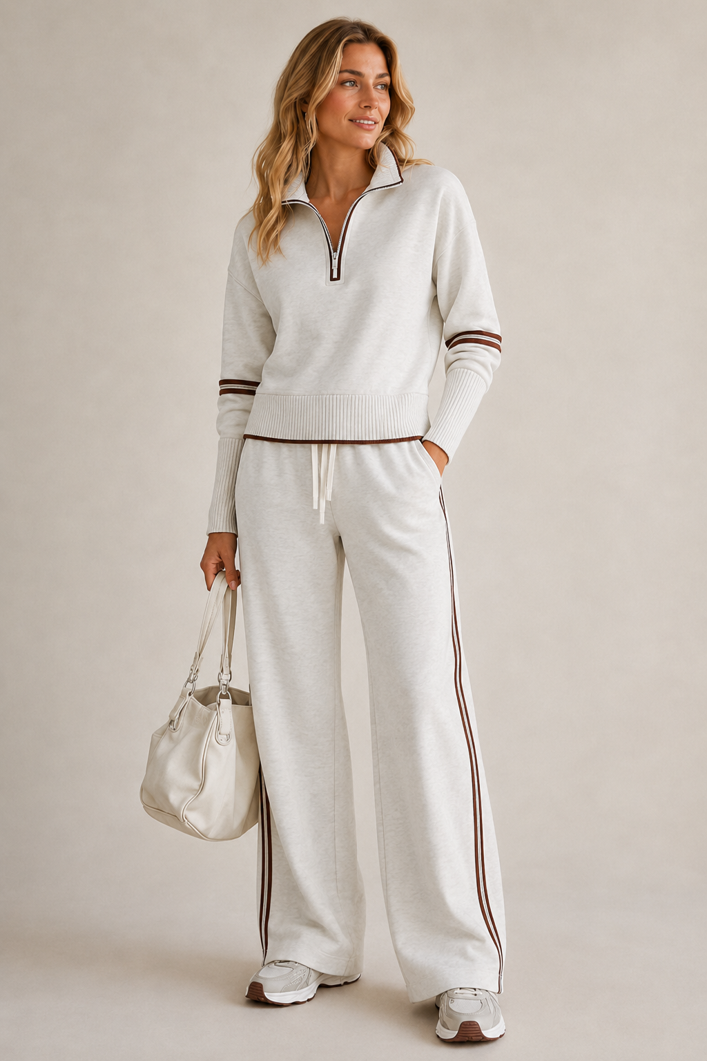 Knit matching set for women, quarter zip sweater and wide leg pants worn together