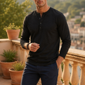 Men's long sleeve henley in black, front view on model