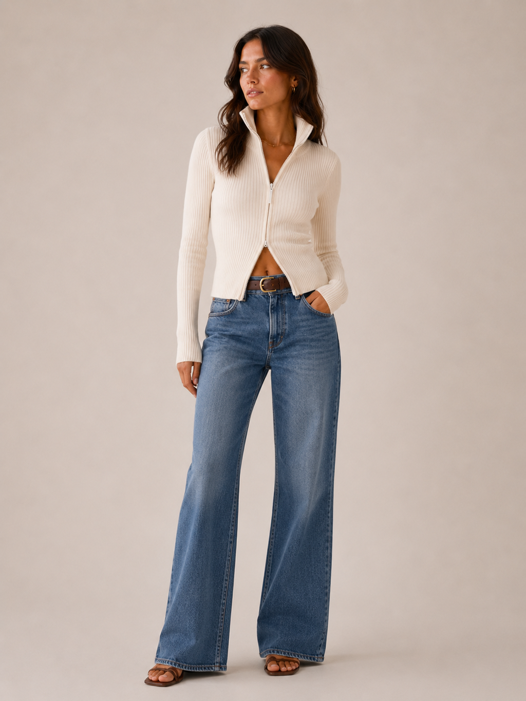 Close-up of the turtleneck collar and top zip pull