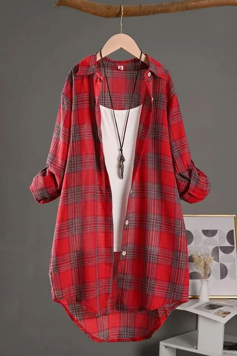 Plaid flannel shirt for women, worn relaxed over a tee